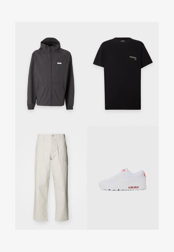 Giacca leggera nera con cappuccio, zip anteriore, polsini elasticizzati e due tasche laterali. Presenta un piccolo logo sul petto.; T-shirt di cotone nero con maniche corte, scollatura rotonda e un piccolo logo bianco stampato sulla zona sinistra del petto.; Pantaloni a gamba larga beige chiaro in cotone. Presentano tasche frontali e chiusura con bottone. Tessuto liscio con sottili linee verticali.; Sneaker atletica bianca con tomaia liscia, chiusura con lacci, suola ammortizzata e un'unità d'aria visibile con accenti rossi sul branding.