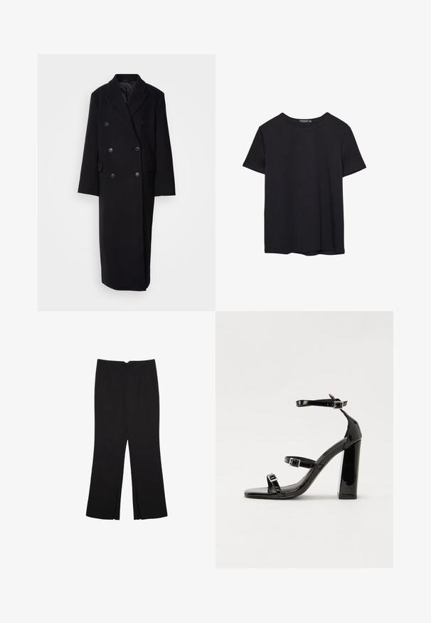 Černý vlněný kabát s dvojitým zapínáním, klopovým límcem, dvěma předními kapsami a velkými knoflíky, s dlouhým a rovně střiženým střihem.; Jednoduché černé bavlněné tričko s krátkým rukávem a kulatým výstřihem, vystavené na bílém pozadí.; Černé kalhoty s rovným střihem, s předními kapsami a bočními rozparky na lemu. Vyrobené z jemné, hladké tkaniny. Vhodné na různé příležitosti.; Černé lakované sandály na podpatku se čtveratou špičkou, lýtkovými pásky a stříbrnými přezkami. Disponují masivním blokovým podpatkem pro stabilitu.