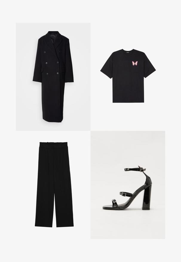 Fekete, kétsoros gyapjúpulóver, kihajtható gallérral, két elülső zsebbel és nagy gombos záródással, amely hosszú, egyenes szabású.; Fekete pamut póló rövid ujjakkal, bal mellkason egy kis rózsaszín pillangó grafikával. Kerek nyakú kialakítás, laza fazonnal.; Fekete, bőszárú nadrág fodros derékrésszel, két oldalsó zsebbel és sima, könnyű anyagból. Nincsenek látható minták vagy fémalkatrészek.; Fekete lakk magas sarkú szandál négyzet alakú orral, bokapántokkal és ezüst csatokat tartalmaz. Masszív blokk sarka a stabilitásért felel.