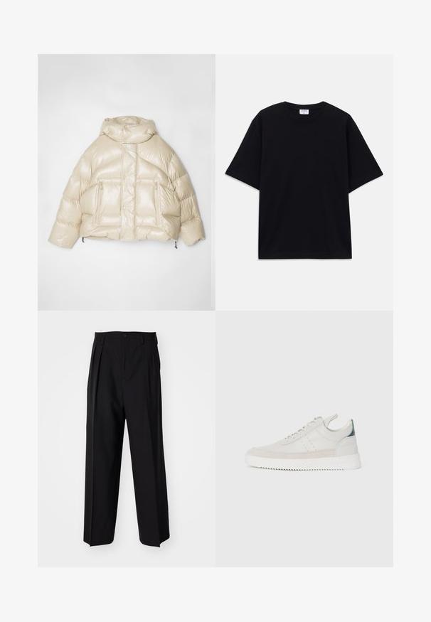 Béžová prešívaná bunda s lesklým povrchom, voľný strih, veľká kapucňa a dve predné zipsové vrecká. Elastická šnúrka na spodnom leme.; Čierne nadrozmerné tričko s krátkym rukávom a okrúhlym výstrihom, s viditeľnou značkovou etikou Filippa K vo vnútri goliera.; Čierne skladané nohavice s rovnom, širokým strihom. Vyrobené z hladkého materiálu, s gombíkovým zapínaním a pútkami na opasok.; Biele kožené tenisky s šedými semišovými akcentmi, viazanie, pútko na päte a textúrovaná gumová podrážka s cik-cak vzorom.