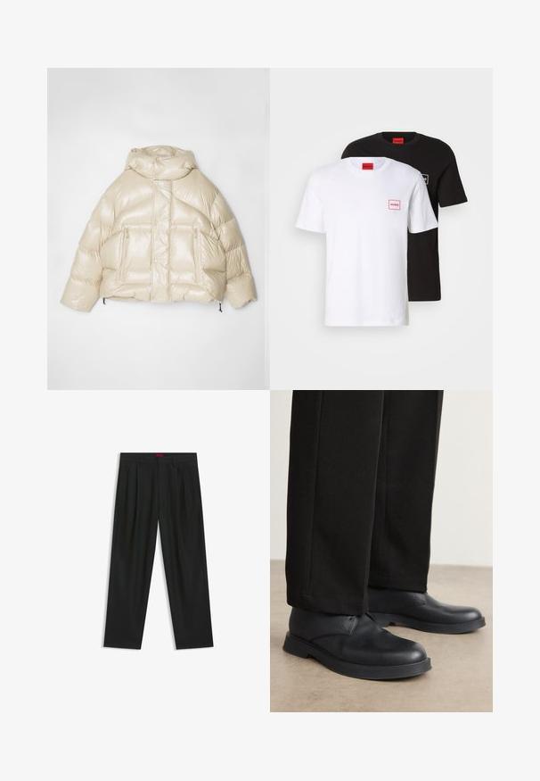 Giacca puffer beige con finitura lucida, forma oversize, grande cappuccio e due tasche frontali con zip. Corda elastica regolabile all'orlo.; Due magliette a maniche corte, con scollo tondo, una bianca e una nera, entrambe con un piccolo logo rosso Hugo sul petto e sull'etichetta del collo.; Pantaloni neri con un design plissè, forma a gamba larga e texture liscia. Presentano un'etichetta rossa in vita.; Scarpe in pelle nera con punta tondeggiante, suola piatta e dettagli minimi. Abbinato a pantaloni neri su misura, che mostrano una superficie liscia.