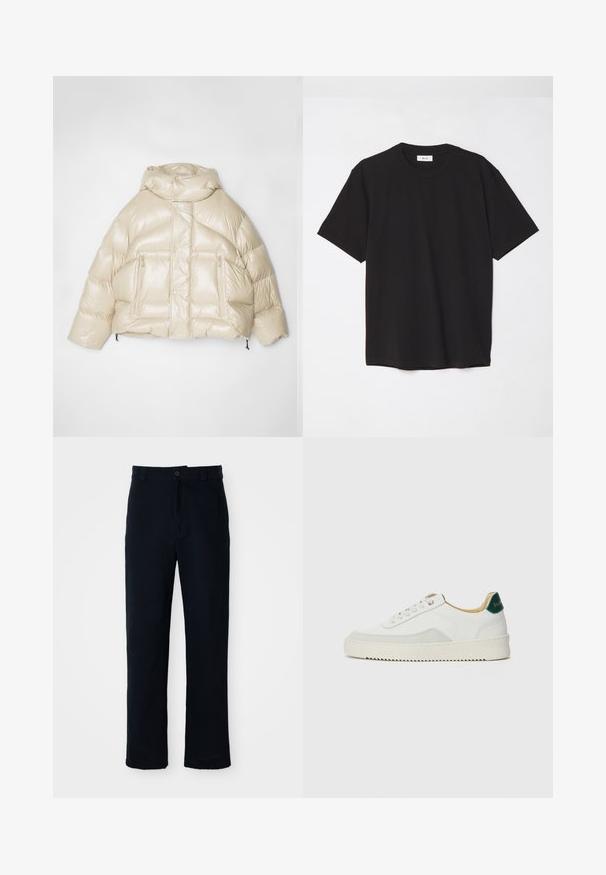 Veste matelassée beige avec une finition brillante, forme oversized, grande capuche et deux poches zippées à l'avant. Cordon de serrage élastique à l'ourlet.; T-shirt en coton noir avec un col ras du cou, des manches courtes et une coupe décontractée. Design simple, texture lisse, sans motifs ni logos visibles.; Pantalon bleu marine en coton, avec une coupe droite, une fermeture à bouton à l'avant et une taille classique avec passants de ceinture.; Baskets blanches avec des accents en daim, bout arrondi, lacets plats et semelle en caoutchouc crème. Présente une marque verte sur le talon.