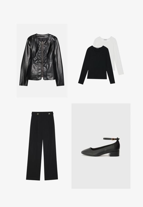 Giacca in pelle nera con zip frontale, forma aderente, texture liscia e tessuto a contrasto lungo i lati per un tocco di dettaglio in più.; Due magliette a maniche lunghe, una nera e una bianca, entrambe con scollo quadrato e realizzate in un tessuto morbido e elasticizzato.; Pantaloni neri a gamba larga con vita alta, dettagli con bottoni in vita e pieghe frontali.; Pump in pelle nera con punta affusolata e tacco basso a blocco. Presenta una cinghia alla caviglia con una fibbia in tonalità oro. Texture liscia.