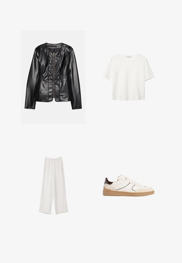 Svart läderjacka med framfoder, åtsittande form, slät yta och kontrasterande tyg längs sidorna för extra detalj.; Vit t-shirt med kort ärm i bomull. Har en rundad halsringning och en avslappnad passform. Slät textur utan synliga mönster eller detaljer.; Vita vida byxor i vid passform gjorda av ett lättviktsmaterial. Har en elastisk midja med dragsko och sidofickor. Slät textur.; Stradivarius Sneakers - white