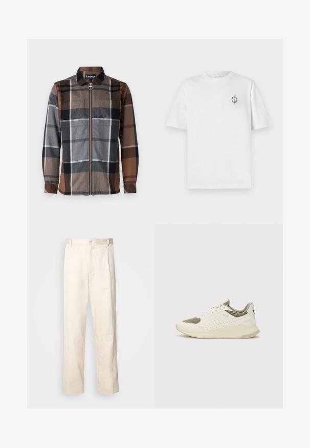 Jaqueta com padrão xadrez em tons de castanho, cinza e preto, com fecho de zip e dois bolsos no peito, colarinho e textura de tecido suave. Apresenta um fecho de zíper prateado.; Camisa de algodão branca com um corte relaxado, apresentando um pequeno logótipo gráfico preto na área do peito esquerdo. Mangas curtas, estilo de gola redonda.; Calças de algodão bege com corte reto, apresentando um fecho de botão e pregas na frente para um detalhe adicional.; Sapatilha atlética branca e bege claro, com parte superior em malha, detalhes perfurados e uma entressola texturizada com marcação no calcanhar.
