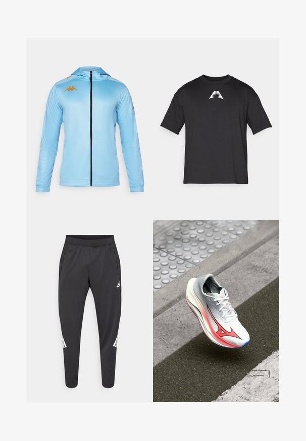 Light blue zip-up jacket with long sleeves, featuring a hood, black zipper, and gold logo accents on the shoulders. Smooth, athletic fabric.; Black short-sleeve t-shirt made of lightweight fabric, featuring a white triangle logo on the front, classic crew neckline, and relaxed fit.; Black athletic pants with tapered legs, elastic waistband, side pockets, and white logo and stripes detailing. Made from a smooth, lightweight material.; Running shoe with a gray and white upper, pink accents, and a sleek design. Features a textured sole and lacing system for secure fit.