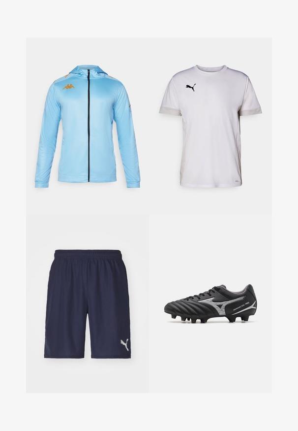 Világoskék, cipzáras dzseki hosszú ujjal, kapucnival, fekete cipzárral és arany logókkal a vállakon. Simai, sportos anyag.; Fehér, rövid ujjas sportpóló kerek nyakkivágással, légáteresztő hálós részletekkel az oldalán és fekete Puma logóval a mellkasán.; Tengerészeti sportnadrág könnyű anyagból, rugalmas derékkal és fényvisszaverő logóval a bal alsó oldalon.; Fekete focicipő, texturált szintetikus felsőrésszel, ezüst részletekkel és fűzős kialakítással. Formázott talppal rendelkezik, látható stoplival a tapadás érdekében.
