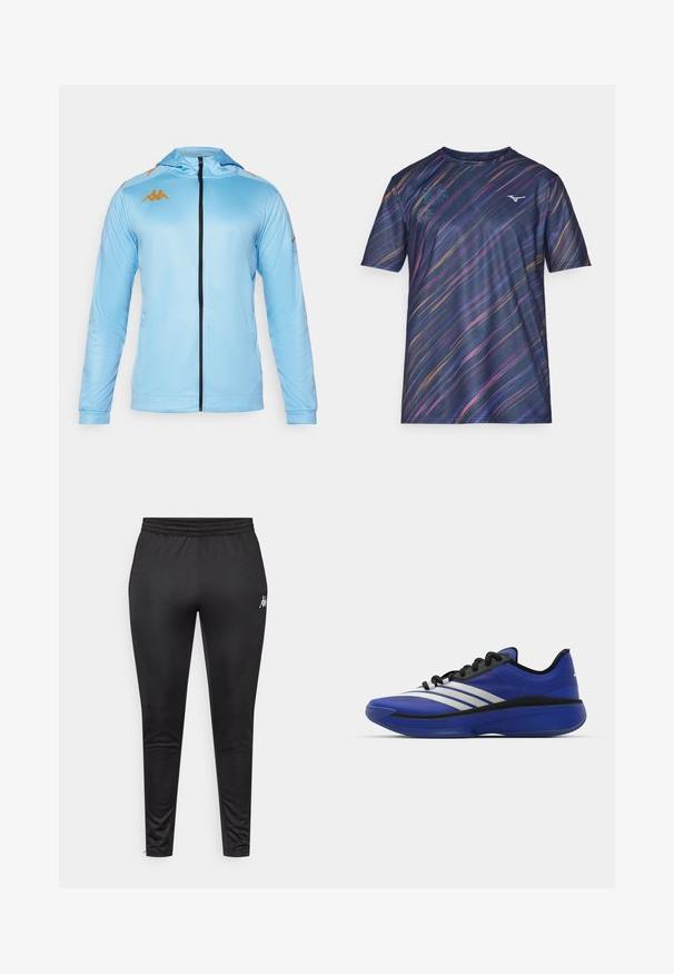 Svijetloplava jakna sa zatvaračem i dugim rukavima, s kapuljačom, crnim zatvaračem i zlatnim logotipom na ramenima. Glatka, atletska tkanina.; Majica s kratkim rukavima mornarsko plave boje s valovitim dušecim prugama u ružičastoj, ljubičastoj i narančastoj boji; sadrži mali logotip na prsima.; Crne sportske hlače izrađene od glatkog, rastezljivog materijala, s elastičnom strukom i bijelim логом na lijevom bedru.; adidas Performance ADIZERO SELECT 3.0 - Obuća za košarku - lucid blue/core black/metallic