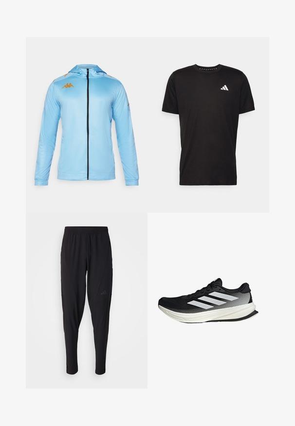 Svijetloplava jakna sa zatvaračem i dugim rukavima, s kapuljačom, crnim zatvaračem i zlatnim logotipom na ramenima. Glatka, atletska tkanina.; Crna pamučna majica s kratkim rukavima, okruglim izrezom i bijelim logotipom na lijevoj strani prsnog koša. Glatka tekstura i jednostavan dizajn.; Crne sportske hlače s elastičnim pojasom, suženim dizajnom, bočnim džepovima i suptilnim logotipom. Izrađene od fleksibilne, prozračne tkanine.; Crna atletska cipela s mrežastim dizajnom, koja ima bijele pruge, zaobljeni vrh i teksturiranu potplate za prianjanje i potporu.