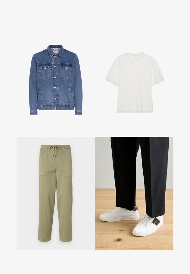 Keskmise sinise värvi teksajakk klassikalise kraega, kahe rinna taskuga, küljetaskutega ja hõbedaste nööpide abil. Tekstuuriga kangas.; Valge puuvillane t-särk lühikeste varrukatega, ümar kaelus ja kontrastse õmbluse detail kaeluse ning varrukate ümber.; Kerged oliivrohelised püksid, mis on valmistatud puuvilla segakangast, elastse vöökoha ja nööriga, ning kahel suurel küljeosal.; Valged sneakersid siledat tekstuurist, millel on pruunad nahast detailid ja mustad aksessuaarid, millele on sobitatud mustad kohandatud püksid. Puitpõranda taust.