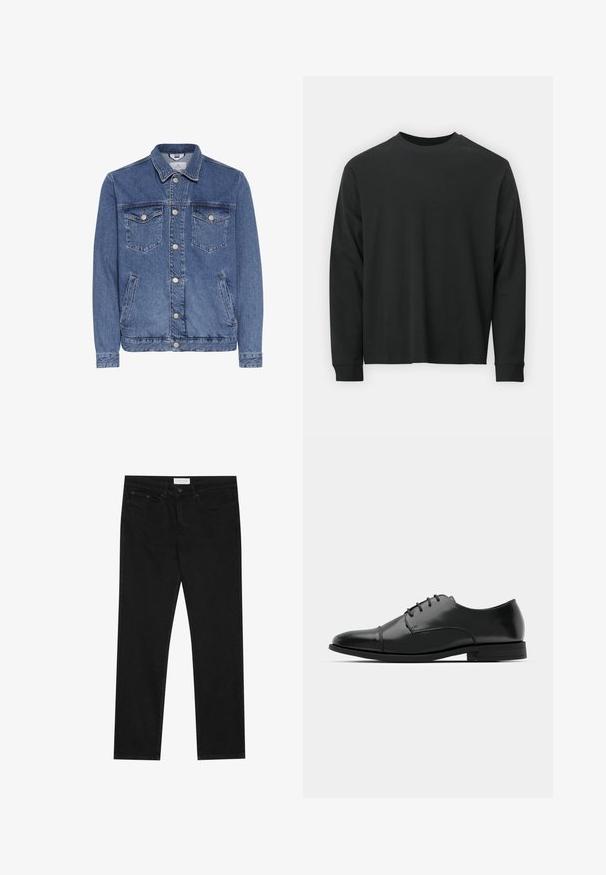 Mėlyna džinsinio audinio striukė su klasikine apykakle, dviem krūtinės kišenėmis, šoninėmis kišenėmis ir sidabriniais mygtukais. Tekstūruotas audinys.; Ilga melsva juoda marškinėliai, pagaminti iš medvilnės, su apvaliu iškirpimu, laisvu siluetu ir ripsuota apykakle. Lygus paviršius be matomų raštų.; Juodos tiesios kojų džinsai su penkių kišenių dizainu, mygtuko ir užtrauktuko uždarymu bei "Pier One" prekės ženklo etikete ant juosmens.; Juodas odinis džinsinis batų modelis su apvaliu galiuku, raišteliu ir subtiliomis siūlėmis, taip pat žemu kulnu. Lygus pavirčius su blizgiu apdaila.