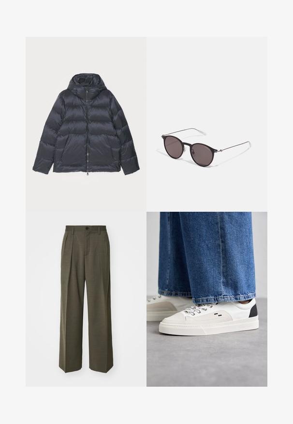 J.LINDEBERG FARRELL - Dunjakker - black; Sort bomulds T-shirt med rund halsudskæring, korte ærmer og "EMPORIO ARMANI" logo i hvid over "Milano" i et buet design.; Filippa K WIDE TROUSERS - Bukser - driftwood; Hvide og sorte sneakers med en glat læderoverdel, teksturerede detaljer og en kraftig hvid sål. Har et klassisk snørebåndsdesign.; Sorte runde solbriller med mørke linser og slanke metalarme. Inkluderer klare tempeltips og sølvdetaljer ved hængslet. Minimalistisk design.