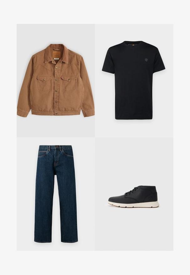 Ruskea corduroy-takki, jossa on kaulus, kaksi rintataskua ja messinkinapeilla varustettu. Ominaisuuksiin kuuluu ompelusyksityiskohtia olkapäillä ja helmassa.; Mustat puuvillapaita, jossa on pyöreä pääntie, lyhyet hihat ja pieni brodeerattu logo rinnassa. Sujuva pinta, klassinen istuvuus.; Tummansininen farkkuhousut suoran leikkauksen ansiosta, joissa on viisi taskua ja kontrastiväriset oranssit tikkauset saumoissa.; Musta nahkainen chukka-bootit, joissa on valkoinen kumipohja, pyöreät nauhat ja sivussa painettu logo kantapäässä. Tasainen pinta koko kengän ympäri.
