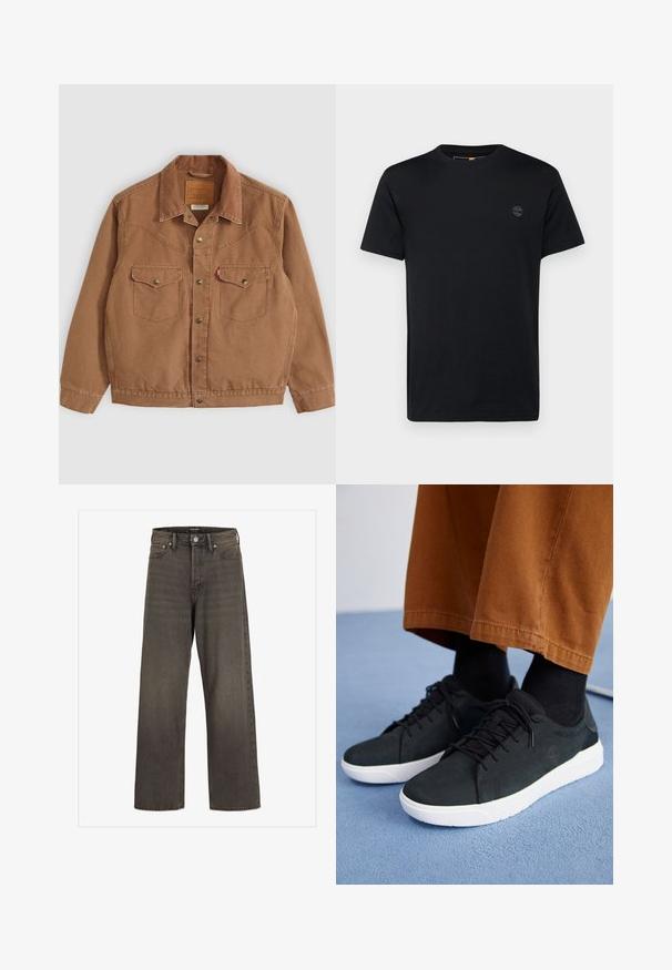 Giacca in velluto a coste marrone con colletto, due tasche sul petto e bottoni in ottone. Presenta dettagli di cucitura lungo le spalle e l'orlo.; T-shirt in cotone nero con collo a giro, maniche corte e un piccolo logo ricamato sul petto. Texture liscia, vestibilità classica.; Jeans a gamba larga in denim grigio scuro, con vita alta, design classico a cinque tasche e cuciture a contrasto lungo le cuciture.; Sneakers in suede nera con suole in gomma bianca, dotati di un design con lacci, accenti testurizzati e branding sottile, abbinati a pantaloni marroni.