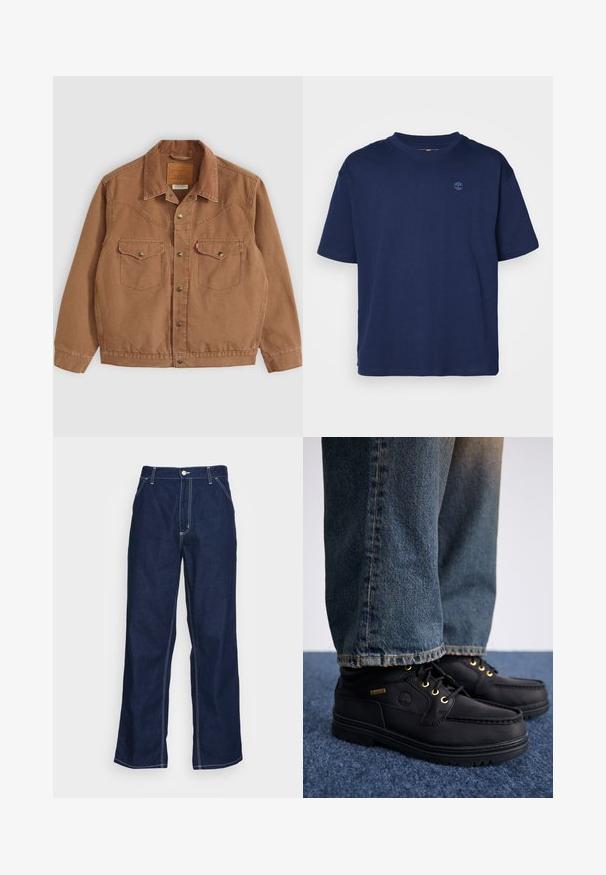 Rudas korduroy švarkas su apykakle, dviem krūtinės kišenėmis ir žalvariniais mygtukais. Yra siuvinėjimo detalės palei pečius ir apykaklę.; Jūros mėlynos spalvos medvilnės marškinėliai su apvalia iškirpte, trumpomis rankovėmis ir mažą, toninį logotipą ant krūtinės. Kasdienis švarkas, lygi tekstūra.; Tamsiai mėlynos džinsinės kelnės su plačiomis kojomis, turinčios aukštą juosmenį, priekiniais kišenėmis ir kontrastinga balta siūle palei siūles.; Juodi odiniai batai su auksiniais akmenimis ir tekstūruotu paviršiumi, derinami su mėlynomis džinsinėmis kelnėmis. Batai turi sluoksniuotą pada ir prekės ženklo detalę.