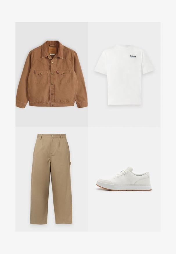 Brown corduroy jacket with a collar, two chest pockets, and brass buttons. Features stitching detail along the shoulders and hem.; White cotton t-shirt featuring a blue embroidered "Timberland Rugged Active Gear" logo on the upper left chest. Short sleeves and round neck.; Beige wide-leg trousers made of cotton blend, featuring a high waist, front pleats, and two side pockets with a button closure.; White athletic shoes with mesh upper, round toe, and rubber sole with a textured pattern. Features flat laces and subtle branding on heel.
