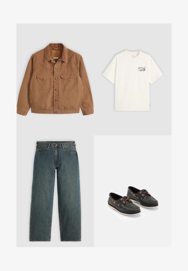 Braune Cordjacke mit Kragen, zwei Brusttaschen und Messingknöpfen. Mit Steppdetails an den Schultern und am Saum.; Weißes T-Shirt mit kurzen Ärmeln aus Baumwolle, mit einem schwarzen Grafikdesign auf der linken Brustseite, auf dem das Wort "Fresh" steht.; Dunkelblaue gerade geschnittene Denim-Jeans mit einem Knopf- und Reißverschluss, Fronttaschen und Gürtelschlaufen auf einem hellgrauen Hintergrund.; Marineblaue Lederbootsschuhe mit gelbem Nähen, roten Schnürsenkeln und silbernen Ösen; runde Zehenform; weiße Gummisohle.