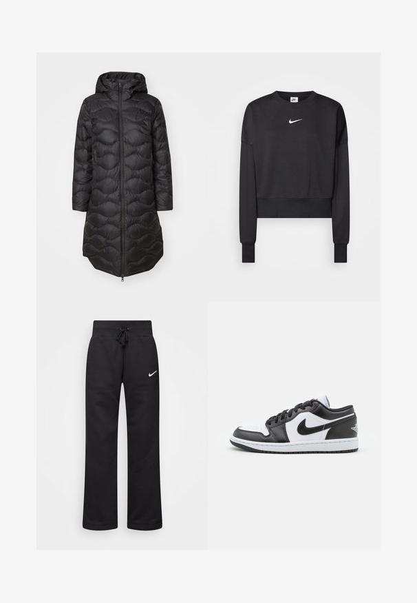 Crna puffer jakna s kapuljačom, s kvadratnim uzorkom, punim prednjim patentnim zatvaračem i bočnim džepovima. Lagani dizajn do koljena.; Crni skraćeni dukserica napravljena od mješavine pamuka, s okruglim izrezom, dugim rukavima i bijelim Nike logotipom na prsima.; Crne trenirke od mješavine pamuka, s elastičnim pojasom s vezicom, ravnim nogavicama i bijelim Nike logotipom na lijevoj strani.; Crno-bijele Nike niske tenisice imaju glatku kožnu gornjište, okrugli vrh, vezanje na vezice i uzorčeni gumeni potplat.