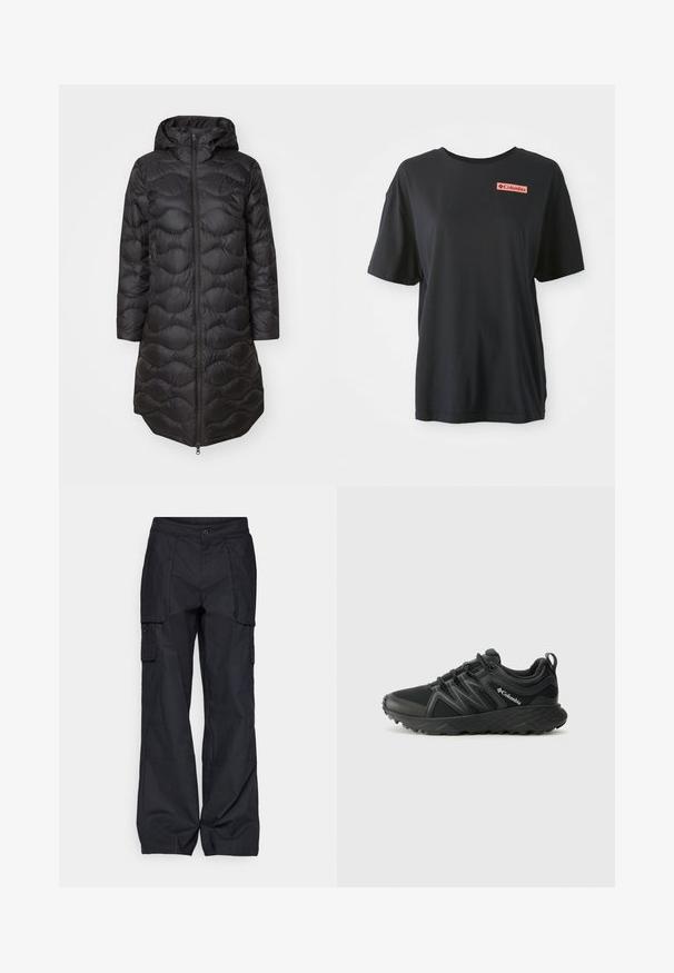 Cappotto piumino nero con cappuccio, caratterizzato da un motivo trapuntato, zip frontale completa e tasche laterali. Design leggero e lunghezza fino al ginocchio.; Maglietta nera in cotone con maniche corte, vestibilità comoda e un logo rettangolare rosso sul lato sinistro del petto. Tessuto liscio e design semplice.; Columbia BREA FALLS™ COTTON RIPSTOP PANT - Pantaloni outdoor - black; Columbia PEAKFREAK - Scarpa da hiking - black