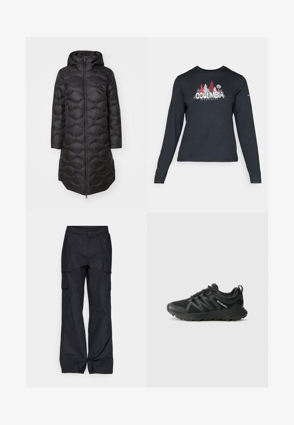 Black puffer coat with a hood, featuring a quilted pattern, full front zipper, and side pockets. Lightweight and knee-length design.; Long-sleeve dark gray shirt with a graphic of red trees and mountains; "COLUMBIA" logo in bold white text. Soft fabric, standard crew neck.; Columbia BREA FALLS™ COTTON RIPSTOP PANT - Outdoor trousers - black; Columbia PEAKFREAK - Hiking shoes - black