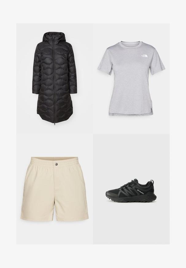 Abrigo acolchado negro con capucha, con un patrón de acolchado, cremallera frontal completa y bolsillos laterales. Diseño ligero y de longitud hasta la rodilla.; Camiseta gris de manga corta hecha de una suave tela que absorbe la humedad. Presenta un cuello redondo y un pequeño logotipo blanco en la parte superior izquierda.; Pantalones cortos beige hechos de una tela ligera, con cintura elástica, bolsillos frontales y un cierre a presión, con una textura suave.; Columbia PEAKFREAK - Zapatillas de senderismo - black