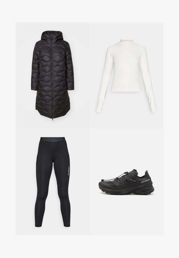 Sort pufferjakke med hætte, der har et quiltet mønster, fuld frontlynlås og sidelommer. Letvægts og knælængde design.; Langærmet hvid sportstrøje med høj hals og lille centralt logo på brystet, vist på en ensfarvet baggrund.; Sorte atletiske leggings med en tætsiddende pasform, lavet af strækbart materiale. Har sidelommer og hvid "TERREX" branding.; Sorte trail løbesko med en tekstureret overdel, mesh-paneler og et sikkert lukkesystem. Har en robust ydersål for godt greb.