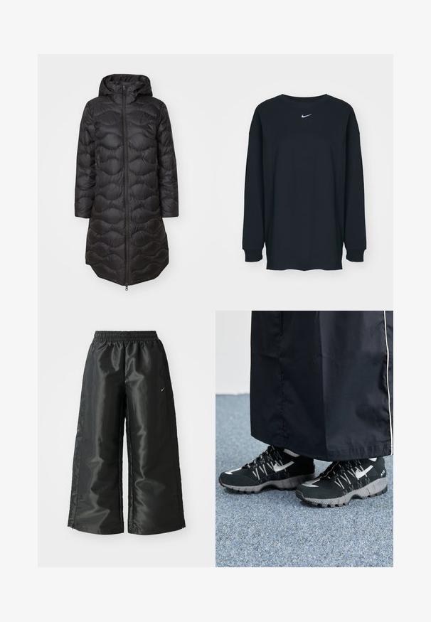 Fekete puffamellény kapucnival, steppeléses mintával, elöl teljes hosszúságú cipzárral és oldalsó zsebekkel. Könnyű és térd hosszúságú kivitel.; Fekete, hosszú ujjú pamut póló kerek nyakkivágással. Fehér Nike logó található a mellrészen. Puha tapintás, egyszerű design.; Fekete sportnadrág fényes, sima anyagból, rugalmas derékkal, széles lábakkal és egy kis logóval a bal oldalon.; Fekete sportcipők, textúrált felsőrésszel, ezüst kiegészítőkkel és mintás talppal, fekete hosszú ruhadarabbal párosítva. Kék szőnyegen.