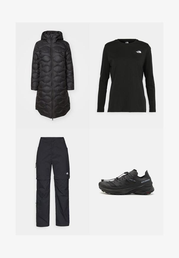 Zwarte pufferjas met een capuchon, voorzien van een doorgestikt patroon, volle rits aan de voorkant en zijzakken. Lichtgewicht en knielange uitvoering.; Zwart langsluiting T-shirt van katoen met een ronde hals. Heeft een klein wit logo op de linkerkant van de borst. Eenvoudig ontwerp en pasvorm.; Zwarte nylon cargo broek met afneembare pijpen, verstelbare manchetten, meerdere zakken en een logo op het rechterbeen. Gladde, lichte textuur.; Zwarte trailschoen voor hardlopen met een gestructureerde bovenkant, meshpanelen en een veilig bevestigingssysteem. Beschikt over een robuuste buitenzool voor grip.