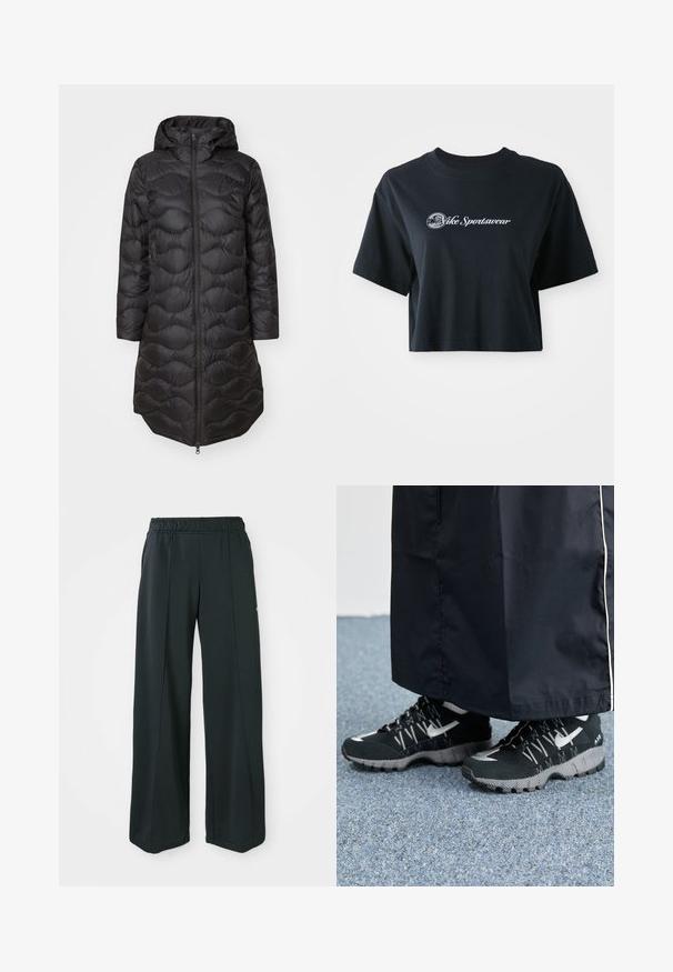 Sort pufferjakke med hætte, der har et quiltet mønster, fuld frontlynlås og sidelommer. Letvægts og knælængde design.; Afskåret sort bomulds T-shirt med korte ærmer, der har hvid tekst "Vice Sportswear" og et cirkulært grafisk motiv på forsiden.; Sorte, brede atletiske bukser med elastisk talje. Lavet af glat, strækbart stof, med diskrete frontsyninger og ingen lommer.; Sorte sportsko med en struktureret overdel, sølvdetaljer og en mønstret ydersål, parret med et langt sort plagg. Sat mod blå tæpper.