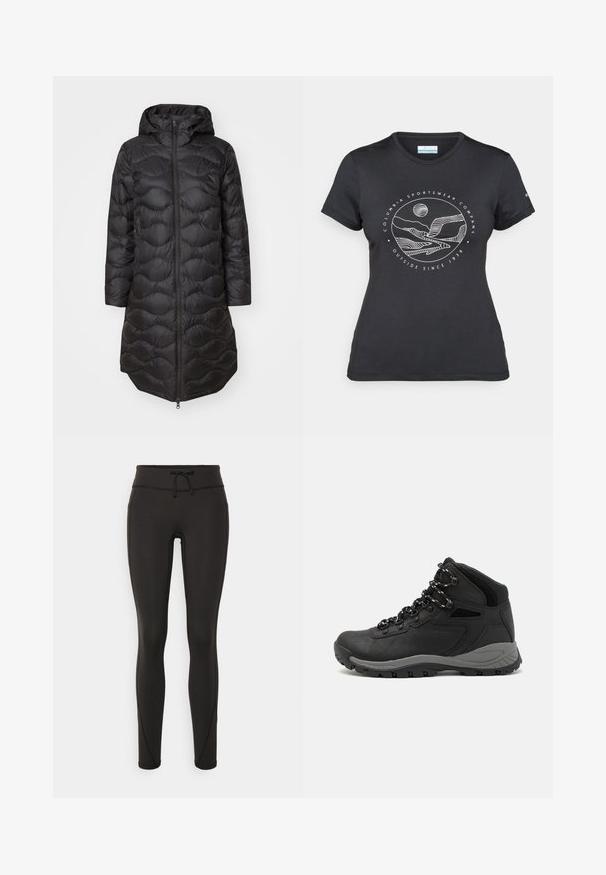 Mustapufferi takki, jossa on huppu, tikkikuvio, täysipitkä vetoketju ja sivutaskut. Kevyt ja polvimittainen malli.; Musta Columbia T-paita, jossa on valkoinen ympyrämuotoinen vuori- ja joki-viivataide sekä teksti "Columbia Sportswear Company Ulkona vuodesta 1938."; Mustat legginsit, joissa on korkea vyötärö, nauhakuja, sileä pinta ja istuva muotoilu. Sivussa on ompeluyksityiskohtia.; Musta vaelluskenkä, jossa on puolivartinen muotoilu, jolle on ominaista teksturoitu päällinen, harmaat yksityiskohdat ja kestävä kumipohja, jossa on pitoita lisääviä lukuja.