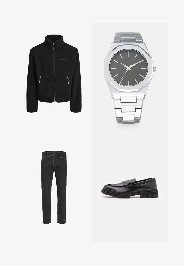 Giacca in pile nera con colletto alto, cerniera frontale completa, due tasche laterali con zip e una finitura in tessuto testurizzato.; Redefined Rebel TETON REGULAR FIT - Maglione - black grey; Jeans in denim nero con design a gamba dritta, cinque tasche e passanti per cintura, caratterizzati da una texture leggermente sbiadita e cuciture a contrasto.; Mocassini in pelle nera con finitura liscia, dotati di un dettaglio di cinturino anteriore e di una suola in gomma spessa con accenti scanalati.; Orologio analogico argento con cassa ottagonale, quadrante grigio, indicatori delle ore argentati e bracciale in acciaio inossidabile. Design minimalista con texture liscia.