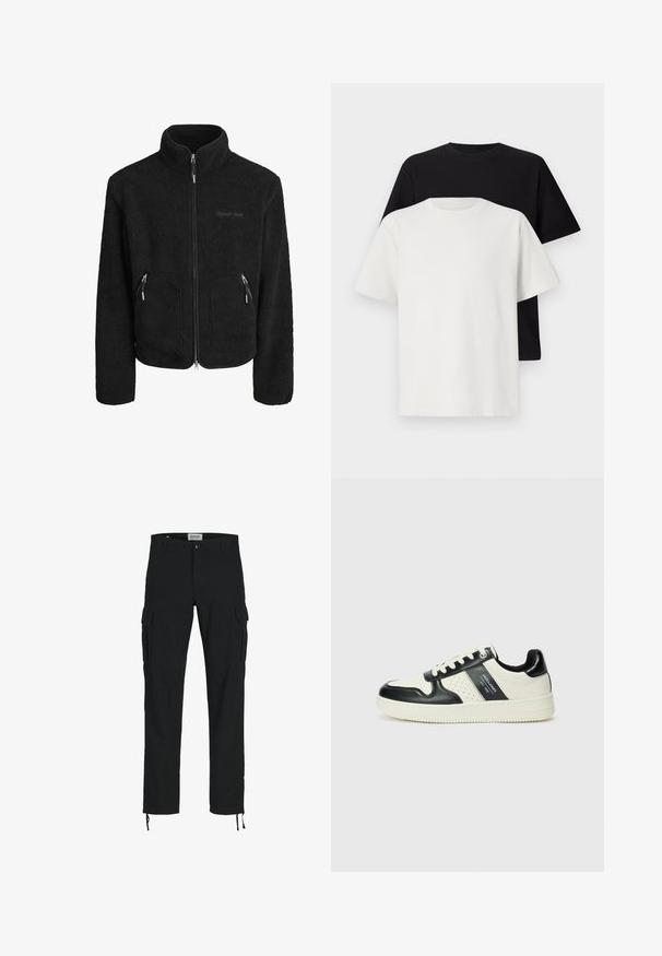 Black fleece jacket with a high collar, full front zipper, two zippered side pockets, and a textured fabric finish.; Cotton t-shirt set featuring a black top and a white top, both with short sleeves, round neckline, and standard fit. Textured fabric.; Black cargo pants with a straight cut, featuring side pockets, a button closure, and elastic drawstrings at the ankles. Made from durable fabric.; Leather sneakers with a black and cream color scheme, featuring perforated accents, a padded collar, and a textured outsole.