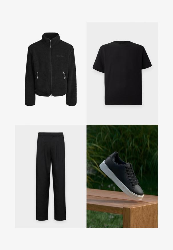 Fekete bolyhos dzseki magas gallérral, teljes elülső cipzárral, két cipzáras oldalzsebbel és textúrált szövetfelülettel.; Fekete, rövid ujjú póló texturált anyagból, kerek nyakkivágással és laza fazonnal. Egyszerű, minta és díszítés nélkül.; Fekete nadrág sima anyagból, egyenes szárú fazonnal, két elülső redővel és közönséges derékkal, övhurkokkal.; Fekete bőr sportcipő sima textúrával, fehér gumitalppal és hat lukkal a fűzőknek, amely egy fa felületen van bemutatva.