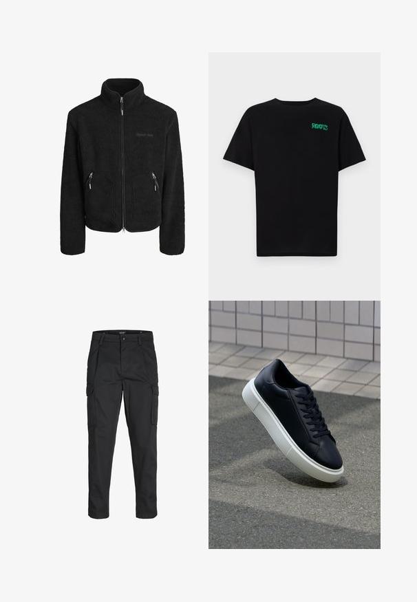 Sort fleecejakke med høj krave, fuld frontlynlås, to lynlåslommer i siden og en struktureret stoffinish.; Sort t-shirt lavet af bomuld med korte ærmer. Har et grønt "ROOTS" logo på forsiden, rund halsudskæring og almindelig pasform.; Sorte cargo-bukser lavet af slidstærkt stof, der har flere lommer, en knaplukning og et slim fit design med smalle ben.; Sort lædersneaker med rund tå og hvid gummisål. Har flade snørebånd og minimal syning på overdelen. Tekstureret sål for bedre greb.