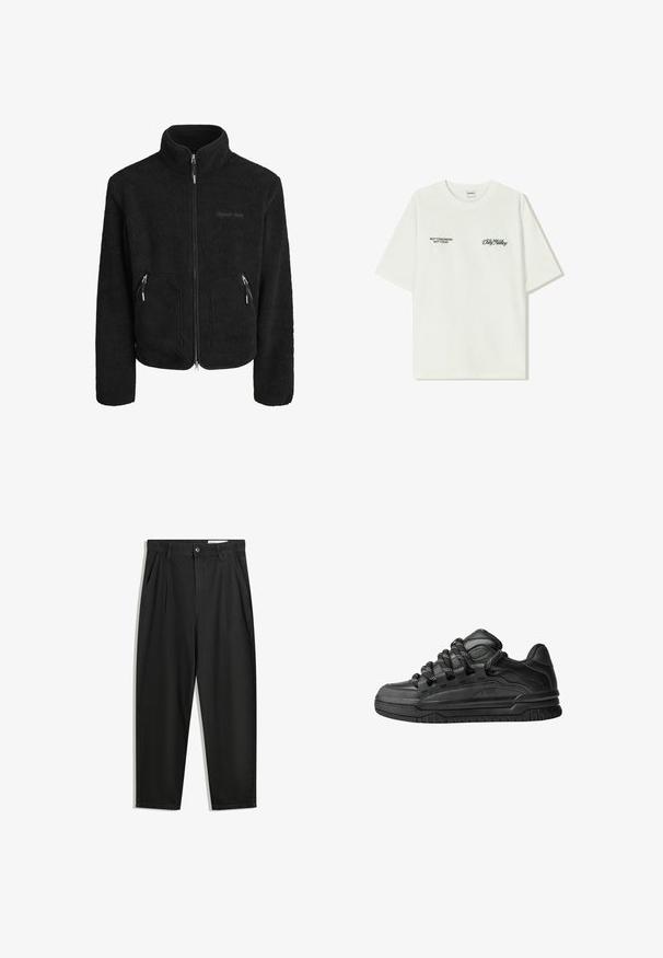 Čierna fleecová bunda s vysokým golierom, plným predným zipsom, dvoma bočnými vreckami na zips a štruktúrovaným povrchom látky.; Biela bavlnená tričko s krátkymi rukávmi. Na prednej časti je čierny text: "NIE ZAJTRA NIE DNES" a "UMENIE HLINENIA" v zelenej skripte.; Čierne bavlnené nohavice s voľným strihom, s klasickým pásom, prednými záhybmi a bočnými vreckami. Hladká textúra bez vzorov.; Čierne tenisky s hladkým koženým zvrškom, štruktúrovanými akcentami a okrúhlymi čierno-bielymi šnúrkami. Hrubá gumená podrážka s vzorovaným dezénom.