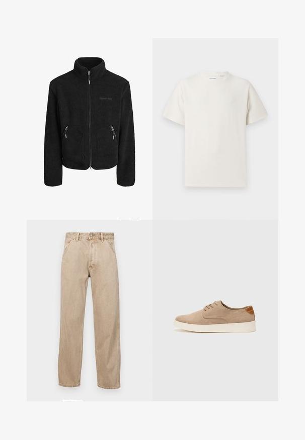 Sort fleecejakke med høj krave, fuld frontlynlås, to lynlåslommer i siden og en struktureret stoffinish.; Hvid kortærmet T-shirt i ribbet tekstur. Rund halsudskæring, løs pasform, ingen synlige mønstre eller accenter. Enkel og alsidig design.; Beige denimjeans med lige bendesign, med forlommer, metalknaplukning og subtil struktur.; Beige ruskinds sneakers med rund tå, snørebånd foran og en struktureret rygdetalje. Hvid gummisål giver kontrast. Enkel og moderne design.
