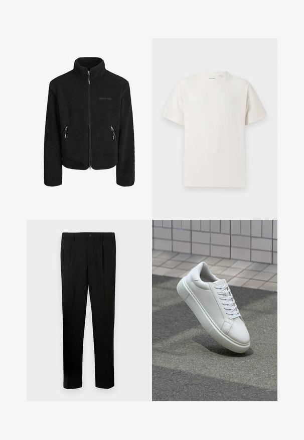 Sort fleecejakke med høj krave, fuld frontlynlås, to lynlåslommer i siden og en struktureret stoffinish.; Hvid kortærmet T-shirt i ribbet tekstur. Rund halsudskæring, løs pasform, ingen synlige mønstre eller accenter. Enkel og alsidig design.; Sorte skræddersyede bukser med flad forkant, to læg, knaplukning, sidelommer og lige ben. Fremstillet af et glat stof.; Hvide lædersneakers med en glat overflade, rund tå og flade hvide snørebånd. Har en tekstureret gummisål og minimalt design.