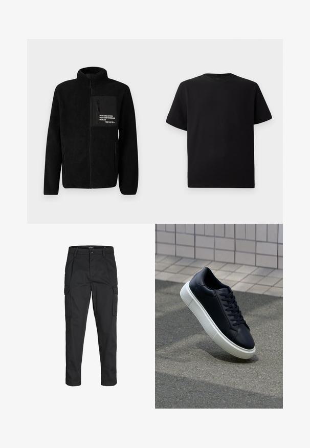 Brave Soul DRAGON - Flīsa jaka - black; Melnās īsām piedurknēm T-krekls no teksturēta auduma, ar apaļu kakla izgriezumu un brīvu piegriezumu. Vienkāršs, bez rakstiem vai akcentiem.; Melnas kravas bikses, izgatavotas no izturīga auduma, ar vairākiem kabatām, pogu aizdari un šaura piegriezuma dizainu ar sašaurinātiem kāju apakšiem.; Melnas ādas kedas ar noapaļotu pirkstu un baltu gumijas zoli. Iespējas - plakanas šņorītes un minimāla apdare augšdaļā. Struktūrēta zole, lai nodrošinātu saķeri.