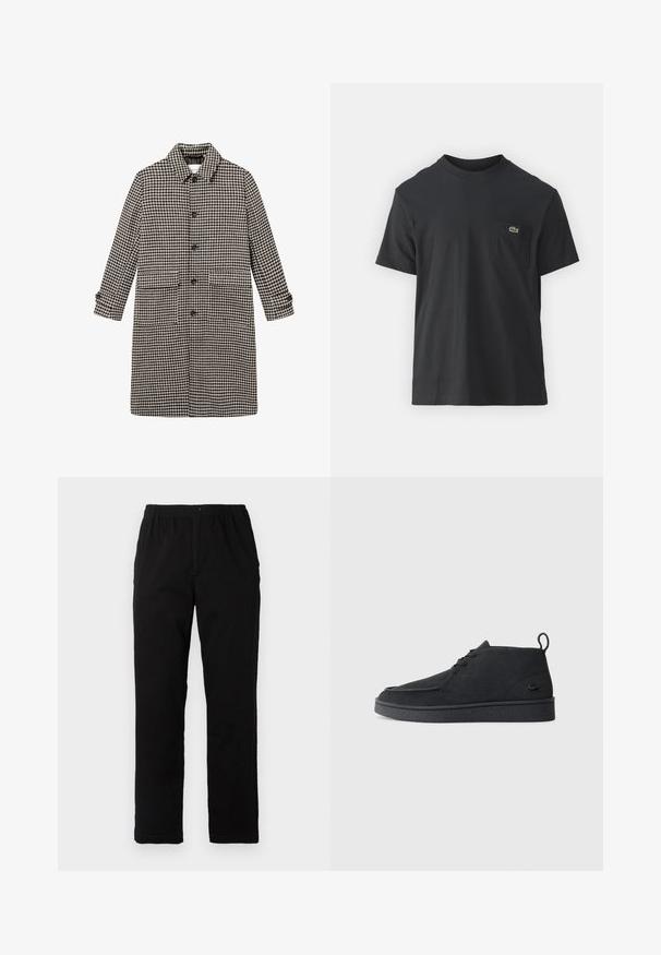 Les Deux MAXIMILIAN - Klasisks mētelis - light desert sand/black; Melnas kokvilnas T-krekls ar īsām piedurknēm, apaļu kakla izgriezumu un mazu zaļu logotipu kreisajā krūšu kabatē. Vienkāršs dizains, regulāra piegriezuma.; Melnas bikses no kokvilnas maisījuma auduma, ar taisnu griezumu, elastīgu jostasvietu ar pogu un bez redzamām rakstu vai akcentiem.; Melna zamša kurpīte ar auklēm līdz potītei, ar ievelkamu cilpu un struktūru zoli, kurai sānos ir neliels, reljefs krokodila logo.