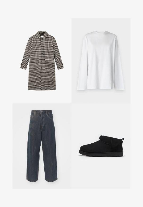 Les Deux MAXIMILIAN - Klasický kabát - light desert sand/black; Weekday OVERSIZED LONG SLEEVE - Top s dlouhým rukávem - white; Široké tmavě modré džínové kalhoty s jemně obnošenou texturou, pěti kapsami a klasickým zapínáním na knoflík a zip v pase.; Černé semišové kotníkové boty s měkkou strukturovanou podšívkou, nízkoprofilovou gumovou podešví a poutkem na zadní části pro snadné obutí.