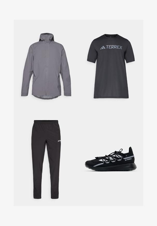 Grey waterproof jacket with a high collar, long sleeves, and a clean, minimalist design. Equipped with side pockets and a smooth texture.; Black short-sleeve t-shirt made of lightweight fabric, featuring a light gray “TERREX” logo across the chest and a crew neckline.; Black athletic pants with an elastic waistband, two side zip pockets, and a logo on the upper right leg. Smooth, lightweight fabric.; Black athletic shoe with a mesh upper, reflective accents, elastic laces, and a textured rubber sole. Features a sleek design for performance.