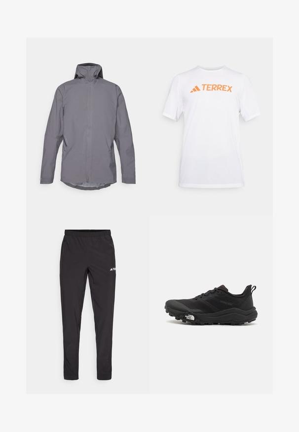 Giacca impermeabile grigia con colletto alto, maniche lunghe e un design pulito e minimalista. Dotata di tasche laterali e una texture liscia.; Maglietta atletica a maniche corte di colore bianco, realizzata in materiale traspirante, con un logo arancione "TERREX" sul petto. Design semplice con linee pulite.; Pantaloni sportivi neri con vita elasticizzata, due tasche laterali con zip e un logo sulla parte superiore della gamba destra. Tessuto liscio e leggero.; Scarpa da trail running nera con tomaia texture, suola in gomma e punta rinforzata. Presenta un collare imbottito e un tassello per un indossamento facile.