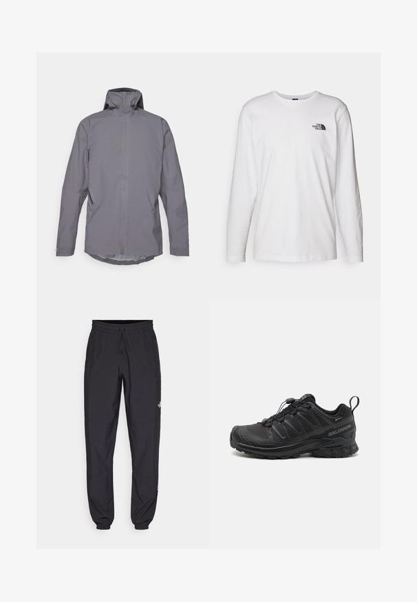 Grey waterproof jacket with a high collar, long sleeves, and a clean, minimalist design. Equipped with side pockets and a smooth texture.; White long-sleeve T-shirt made of cotton with a crew neck. Features a small black logo on the chest. Smooth texture, regular fit.; Black athletic pants made from lightweight fabric, featuring a drawstring waistband, side pockets, and tapered cuffs at the ankles.; Black athletic shoe with a textured synthetic upper, cushioned sole, and a quick-lacing system. Features a reinforced toe and heel.