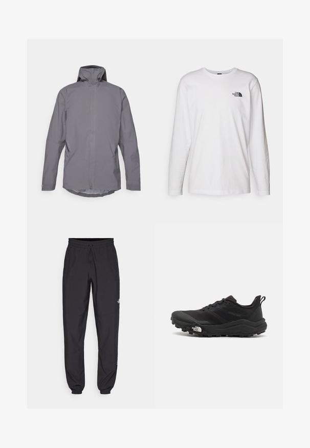 Grijze waterdichte jas met een hoge kraag, lange mouwen en een strak, minimalistich ontwerp. Voorzien van zijzakken en een gladde textuur.; Witte lange mouwen T-shirt gemaakt van katoen met een ronde hals. Beschikt over een klein zwart logo op de borst. Soepele textuur, normale pasvorm.; Zwarte sportieve broek gemaakt van lichtgewicht stof, met een trekkoord in de taille, zijzakken en taps toelopende boorden bij de enkels.; Zwarte trailrunning schoen met een gestructureerde bovenkant, rubberen zool en versterkte neus. Voorzien van een gevoerde kraag en een trekhaak voor eenvoudig aan- en uittrekken.
