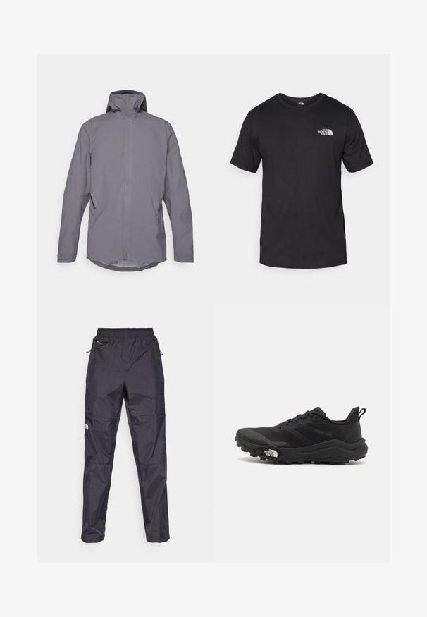Grey waterproof jacket with a high collar, long sleeves, and a clean, minimalist design. Equipped with side pockets and a smooth texture.; Black short-sleeve t-shirt made of cotton, featuring a round neckline and a small white logo on the upper left chest area.; Black waterproof pants made from lightweight, textured material. Features an elastic waistband and zipper pockets.; Black trail running shoe with a textured upper, rubber sole, and reinforced toe cap. Features a padded collar and pull tab for easy wear.