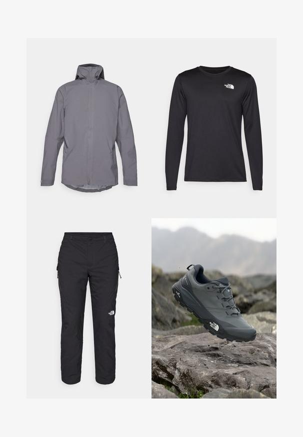 Grau wasserfeste Jacke mit hohem Kragen, langen Ärmeln und einem schlichten, minimalistischen Design. Ausgestattet mit seitlichen Taschen und einer glatten Textur.; Langärmliges schwarzes Performance-T-Shirt aus leichtem Stoff, mit einem weißen Logo auf der oberen linken Brust. Glatte Textur.; The North Face WINTER EXPLORATION TAPERED CARGO - Outdoor-Hose - black; Grau Trailrunning-Schuh mit einer strukturierten Oberseite, haltbarer Gummisohle und verstärkter Zehenkappe. Verfügt über Schnürsenkel und ein Markenlogo an der Seite.