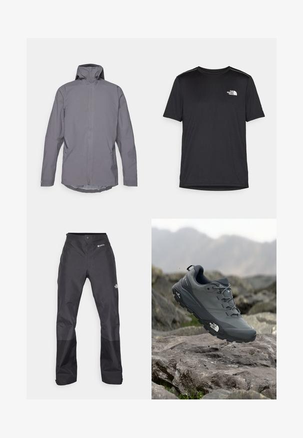 Szürke vízálló dzseki magas gallérral, hosszú ujjal és letisztult, minimalista kialakítással. Oldalsó zsebekkel és sima textúrával rendelkezik.; Fekete, rövid ujjú póló, könnyű anyagból készült. Bal mellen egy kis fehér logó található, és finom vállrész kiemelések.; Fekete vízálló nadrág sima textúrával, elöl GORE-TEX logóval, és megerősített alsó lábrészekkel a tartósság érdekében.; Szürke terepfutó cipő, texturált felsőrésszel, tartós gumitalppal és megerősített orr résszel. Fekete fűzők és márka logó a cipő oldalán.