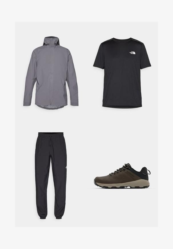 Grijze waterdichte jas met een hoge kraag, lange mouwen en een strak, minimalistich ontwerp. Voorzien van zijzakken en een gladde textuur.; Zwarte T-shirt met korte mouwen, gemaakt van lichtgewicht stof. Bevat een klein wit logo op de linkerborst en verfijnde schouderaccenten.; Zwarte sportieve broek gemaakt van lichtgewicht stof, met een trekkoord in de taille, zijzakken en taps toelopende boorden bij de enkels.; Bruine waterdichte sneakers met een gestructureerde bovenkant, geperforeerde accenten, zwarte hielsteun en een grijze rubberen zool. De veters zijn voorzien van metalen uiteinden.