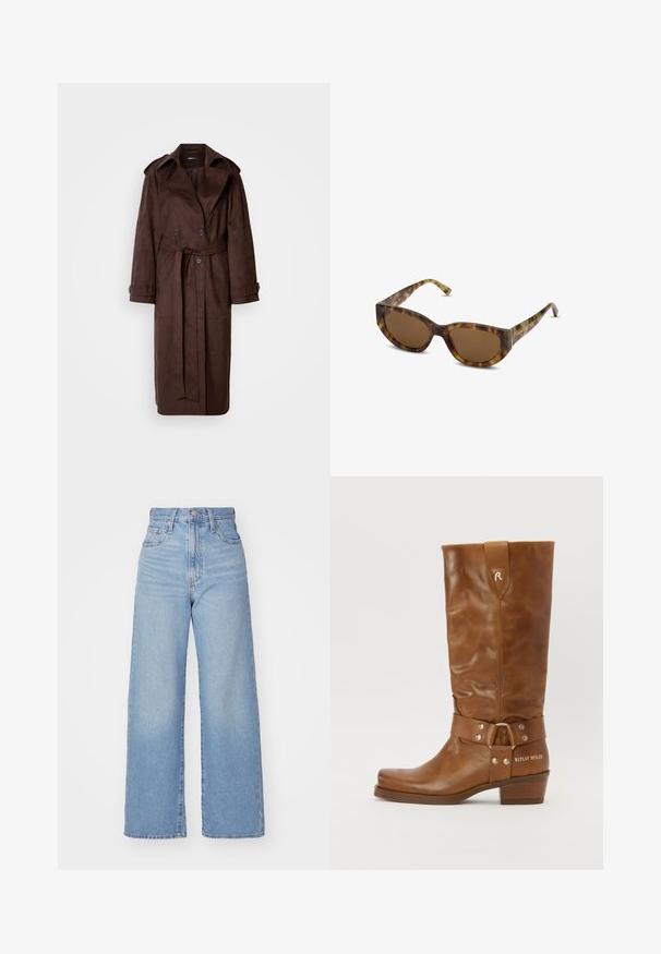 Cappotto trench in suede marrone con un davanti doppiopetto, ampio colletto, vita con cintura e tasche laterali. Presenta polsini con bottoni e una texture liscia.; Camicia bianca a maniche corte realizzata in tessuto leggero, con colletto classico, chiusura con bottoni e orlo arrotondato con una leggera texture.; Jeans a vita alta blu chiaro con gamba larga, chiusura frontale con bottone e zip, tasche anteriori e posteriori, su uno sfondo bianco.; Stivale in pelle marrone fino al ginocchio con un design morbido, caratterizzato da una cintura con hardware in metallo e un tacco a blocco. Testo "REPLAY MFG.CO" sul lato.; Occhiali da sole tartarugati con una montatura ampia e angolare e lenti marroni. Presentano stanghette sottili con una finitura liscia e lucida.