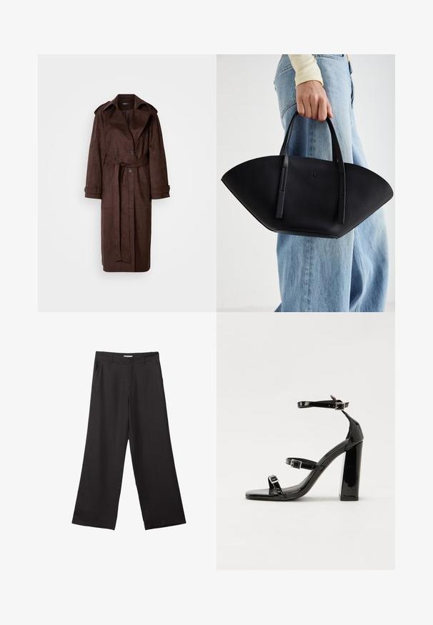 Cappotto trench in suede marrone con un davanti doppiopetto, ampio colletto, vita con cintura e tasche laterali. Presenta polsini con bottoni e una texture liscia.; T-shirt nera in cotone a maniche corte con collo a giro, esposta su uno sfondo bianco.; Pantaloni neri a gamba larga realizzati in tessuto liscio, con zip frontale e due tasche laterali, dal taglio sartoriale e design minimalista.; Sandali con tacco in vernice nera, con punta squadrata, cinturini alla caviglia e fibbie in argento. Presentano un tacco a blocco spesso per maggiore stabilità.; Borsa a tracolla in pelle nera con una forma a ventaglio unica, dotata di manici piatti. La superficie presenta una texture a ciottoli e un design minimalista.